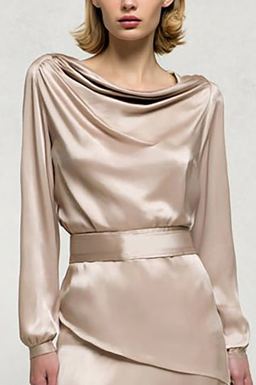 Robe de travail en satin à manches longues à col bénitier champagne